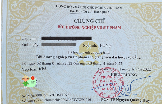 Mẫu cứng chỉ nghiệp vụ sư phạm dành cho giảng viên