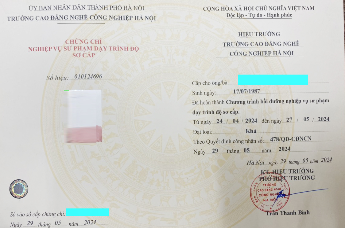 Mẫu chứng chỉ nghiệp vụ sư phạm sơ cấp